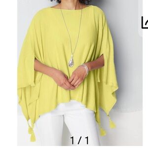 J. Jill | Linen Blend Tasseled Poncho Sweater | Citron Chartreuse | One Size